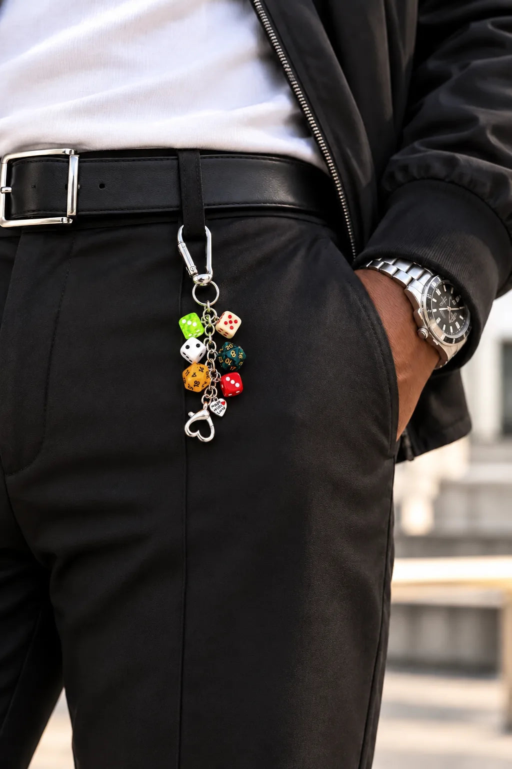 Lucky Dice keychain on a belt loop