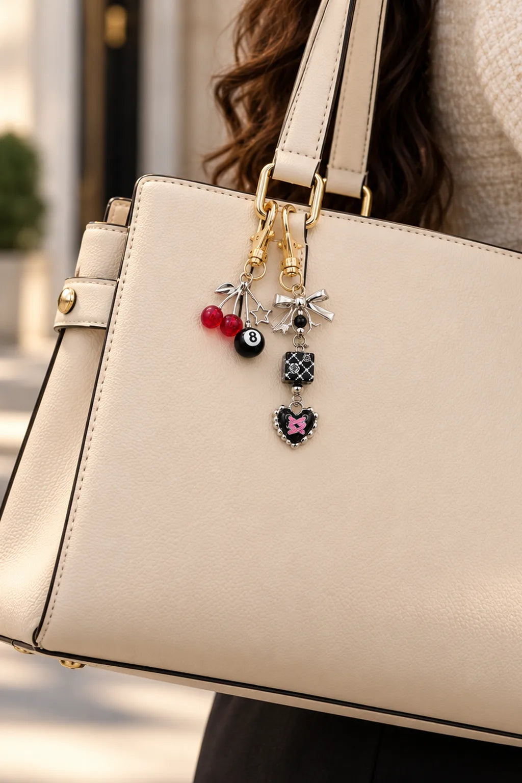 Fashion keychains clipped to a bag