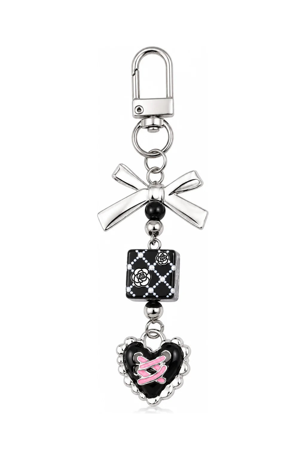 Rose Heart keychain, bow, rose cube, and heart