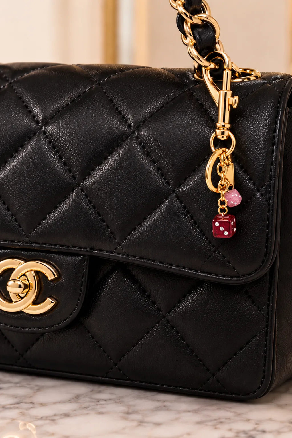 Ruby Dice keychain clipped to a bag